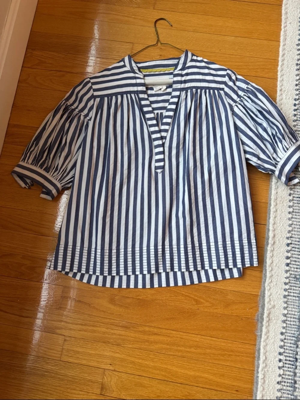 Anthropologie Navy and White Striped Puff Sleeve Blouse